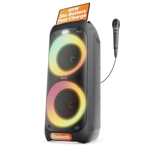 Portable Bluetooth Party Speaker | 80W Power & Rechargeable Battery up to 5H | Big Bluetooth Speaker 2.0 with Wired Microphone | Karaoke Mode, Party LED Lights & EQ Control | Oakcastle PS200
