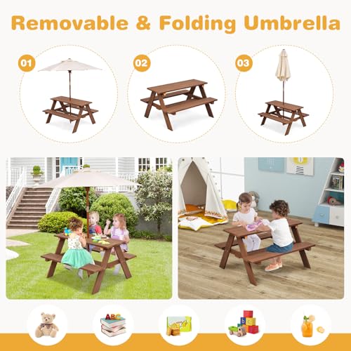 HONEY JOY Kids Picnic Table, Outdoor Wooden Bench Set w/Removable Umbrella, Children Backyard Furniture for Patio Garden, Toddler Picnic Table for Outdoors, Gift for Boys Girls, Walnut