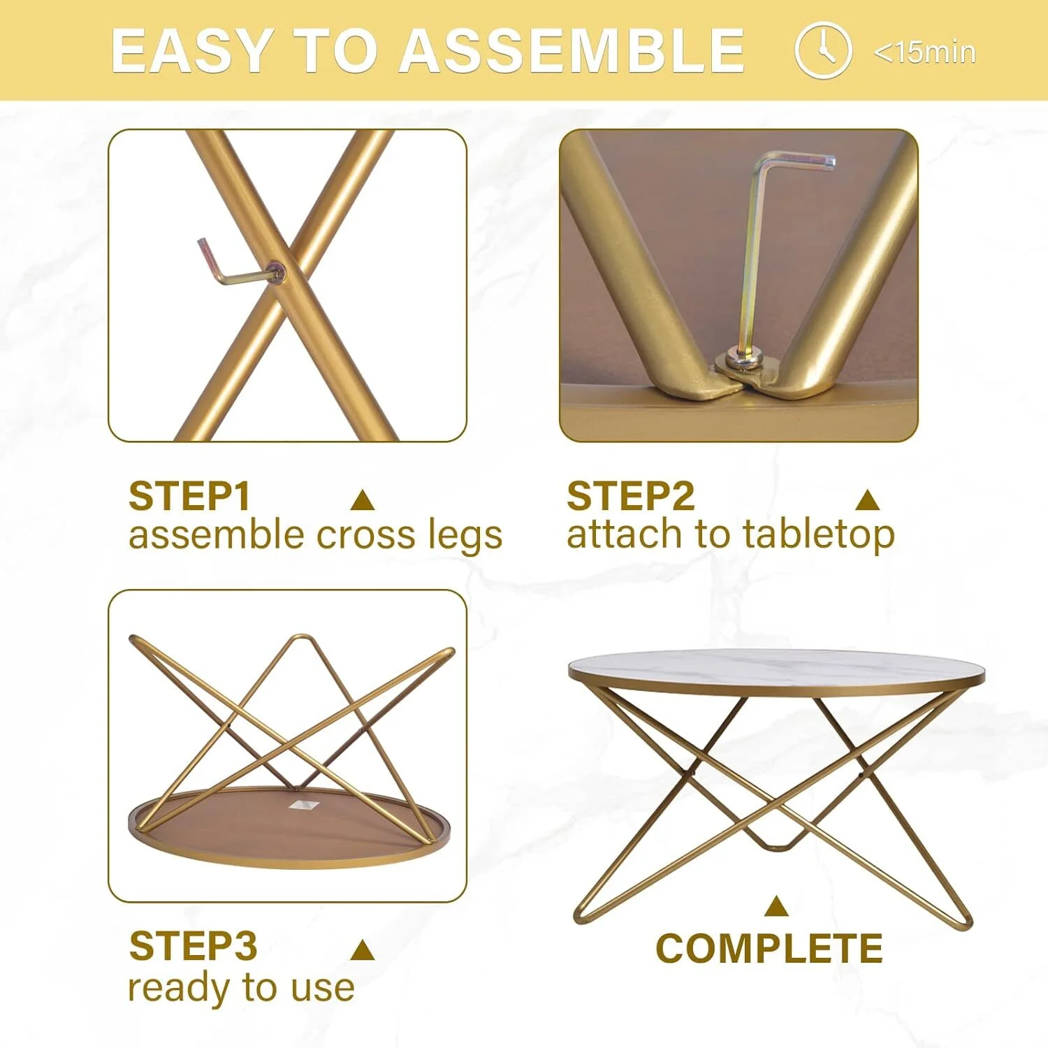 HLR Round Coffee Table with White Faux Marble Top