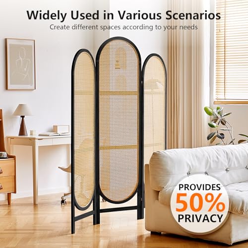 Room Divider 4 Panel, Folding Privacy Screen, Foldable Wood Divider Room Dec, Rattan Room Divider, Portable Partition Screen, Wall Divider for Room Separation Bedroom Home Office (Natural)