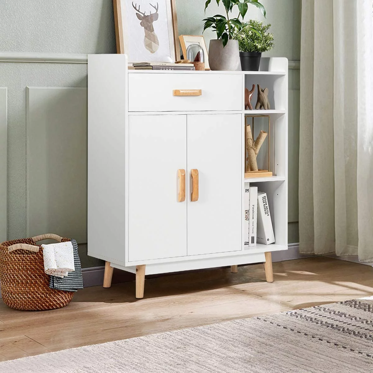 Floor Storage Cabinet, Free Standing Cupboard Chest with 1 Drawer, 2 Doors, 3 Shelves & 4 Rubber Wood Legs for Bedroom Home Office Sideboard Storage Organizer, White