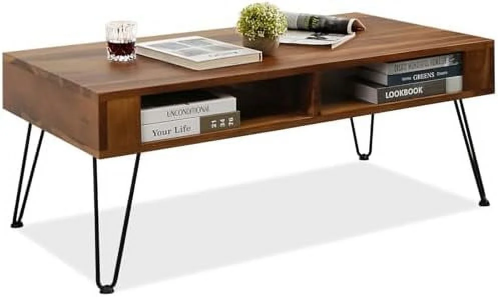 YZboomLife 39.4 Inches Coffee Table  Mid Century Modern Coffee Table with  Space  Natural Wood Coffee Table with 4 Hairpin Legs  39.4" Lx24 Wx18 H  Vintage Brown