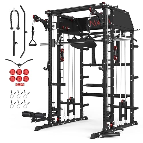 Mikolo Smith Machine, Multi-Function Power Cage with Dual Pulley System, Vertical Leg Press Attachment, Squat Rack Power Rack with More Training Attachment for Home Gym