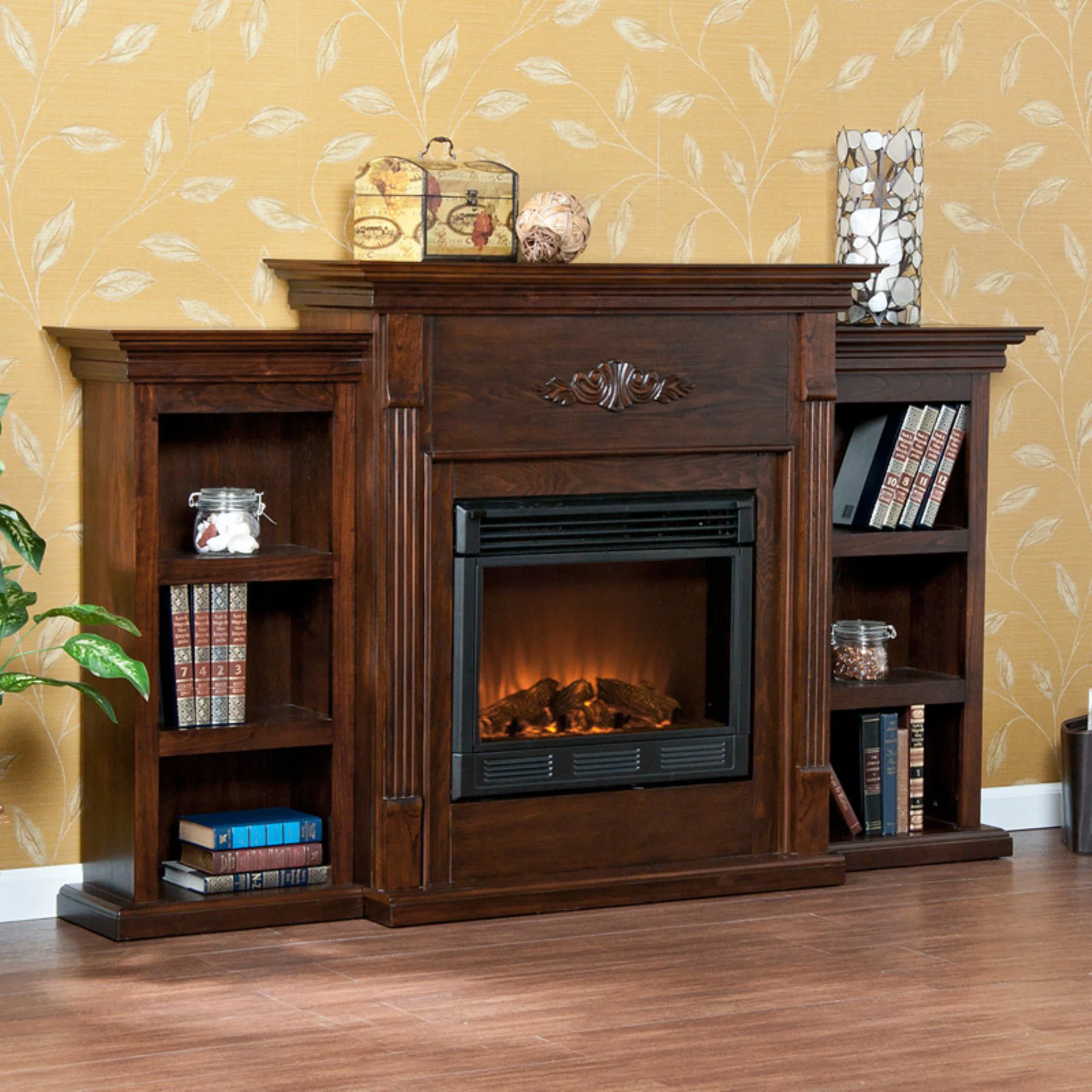 SEI Furniture Fredricksburg Wood Electric Fireplace with Bookcases in Black