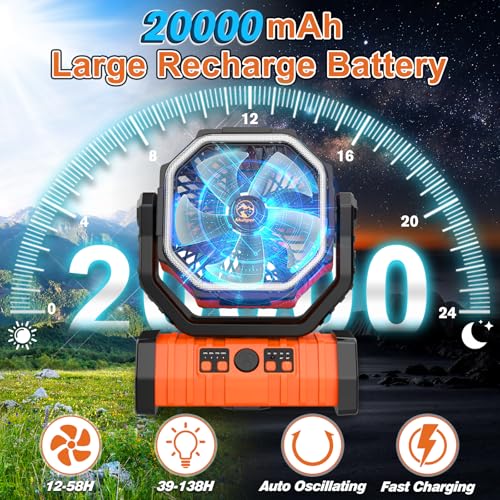 20000mAh Rechargeable Portable Camping Fan, USB Battery Operated Powered Shaking Head Fan with LED Lantern, 4 Speed 4 Timing Oscillating for Camping with Remote &Hook for Fishing,Travel,Jobsite Orange