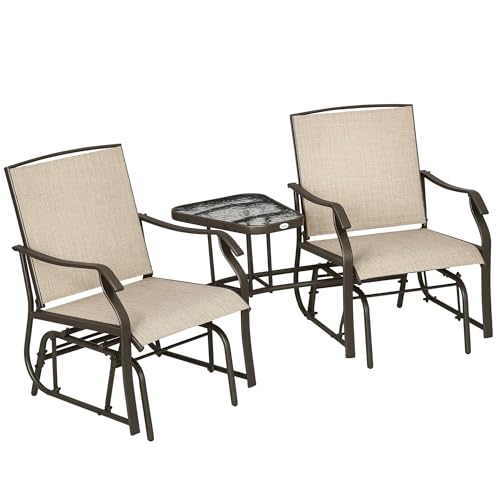 Outsunny Outdoor Glider Chairs with Coffee Table, Patio 2-Seat Rocking Chair Swing Loveseat with Breathable Sling for Backyard, Garden, and Porch, Gray