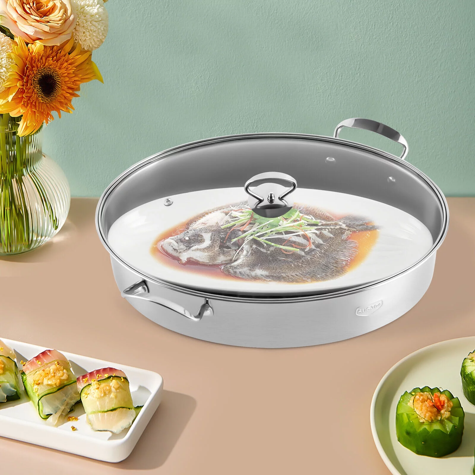 ZhdnBhnos Stainless Steel Fish Steamer Oval Fish Steaming Pot with Glass Lid Multi-Cooker Kitchen Cooking Cookware
