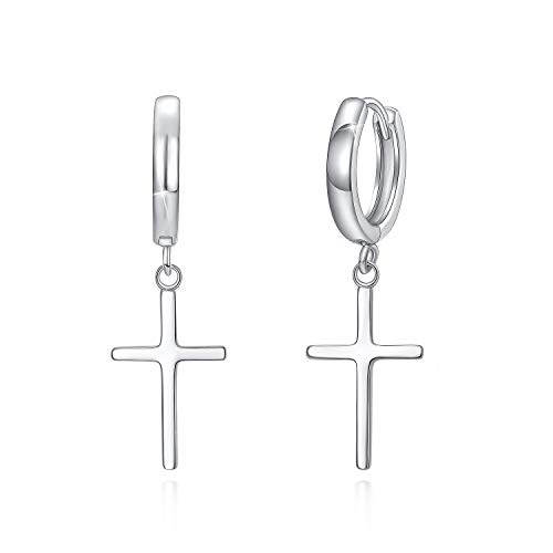 Cross Earrings,925 Sterling Silver Dainty Cross Huggie Hoop Earrings for Women Men
