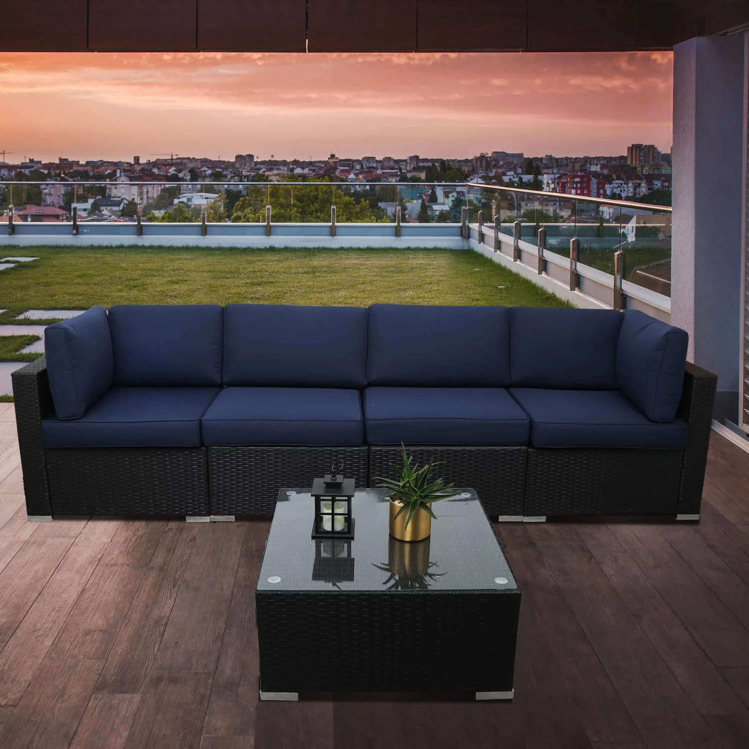 5 Piece Blue Outdoor Wicker Furniture Sets, Patio Sofa Conversation Sets Sectional Patio Furniture with Coffee Table, for Garden Lawn Backyard Poolside by LAZYLAND (Blue)