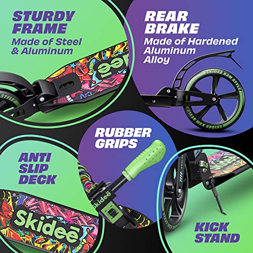 Skidee Adult & Teen Scooter Adjustable Height, Folding, Large Wheels, Lightweight, Durable, Anti-Shock Suspension, Up to 220 lbs