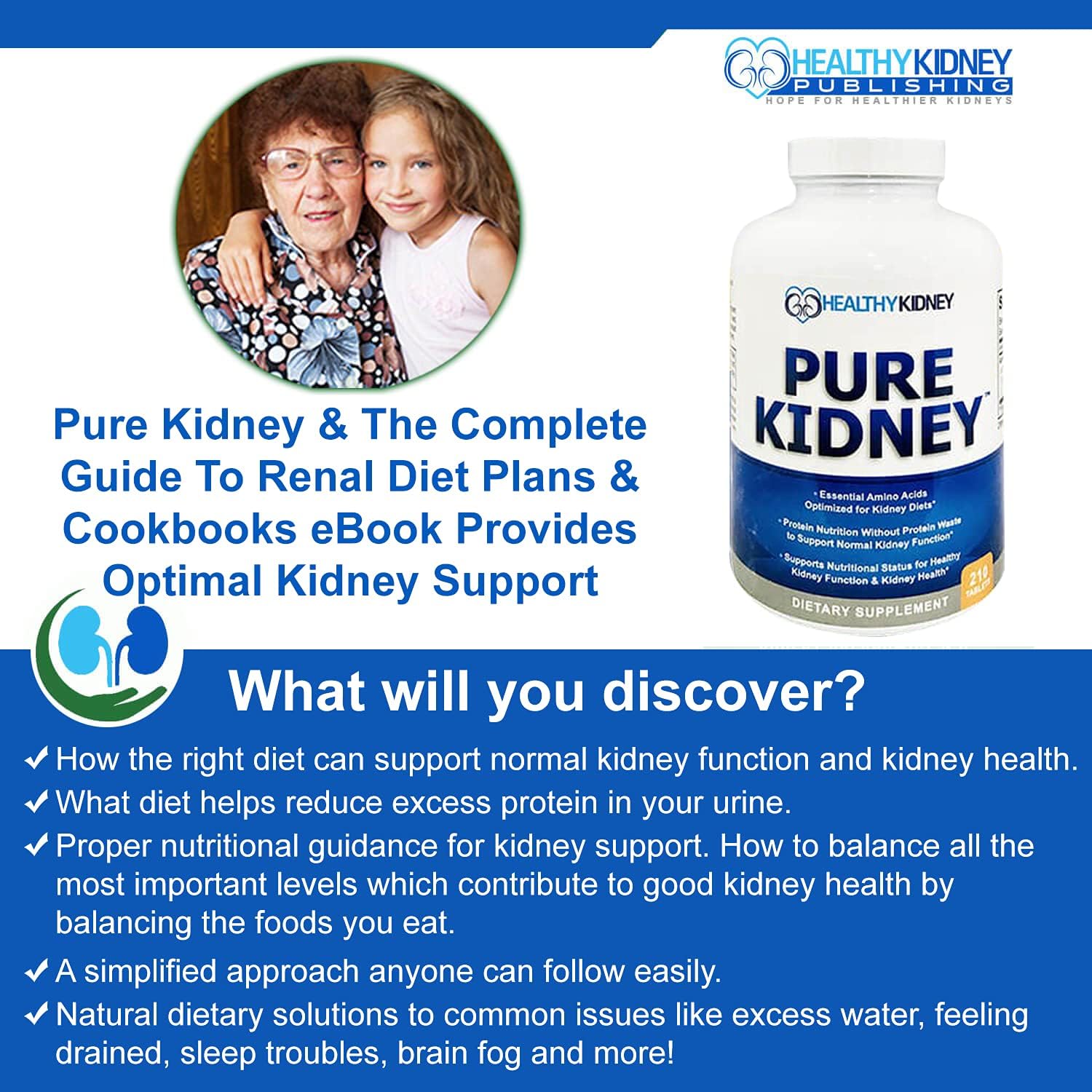 Pure Kidney Health Supplement and Renal Diet Cookbook for Rejuvenation, Low Protein Diet and Kidney Supplement. Kidney Diet Book Renal Supplement 210 pills