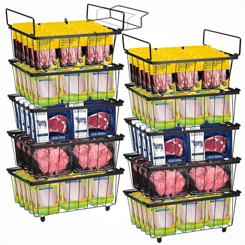 Freezer Organizer Bins,6 Pack Stackable Chest Freezer Organizer Bins,for 7 Cu.FT Deep Freezer Kitchen Counter Organizer with 4 Extendable Handles Freezer Storage Baskets with Handles for Laundry