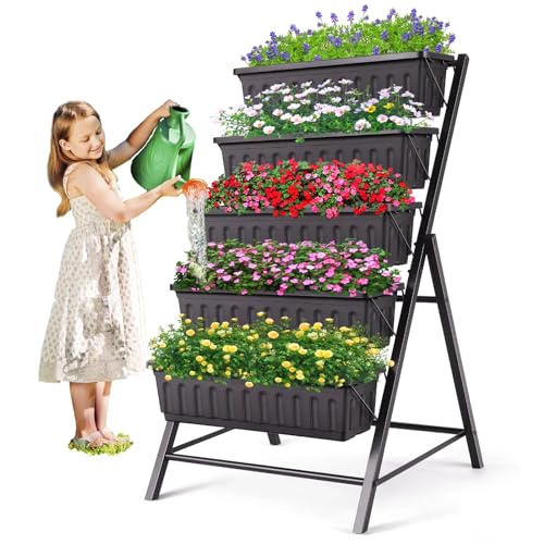 4FT Vertical Raised Garden Bed, 5 Tiers Planter Box with Drainage System for Herb Vegetables Flowers, Elevated Garden Bed Perfect for Patio Balcony Greenhouse Outdoor and Indoor Garden Planters