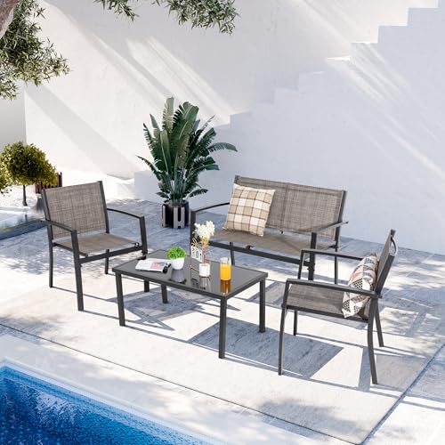Shintenchi 4 Pieces Patio Furniture Set with Glass Coffee Table, Loveseat,2 Single Chairs,Patio Set with Breathable Backrest Material,Conversation Set for for Patio, Garden(Dark Black)