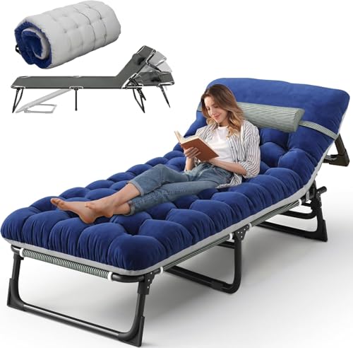 Chaise Lounge Chair, Folding Cot, 6-Angle Adjustable Camping Cot with Mattress for Patio and Beach, Foldable Bed Portable Heavy Duty Lay Flat Reclining with Pillow (Gray, M - 70'')
