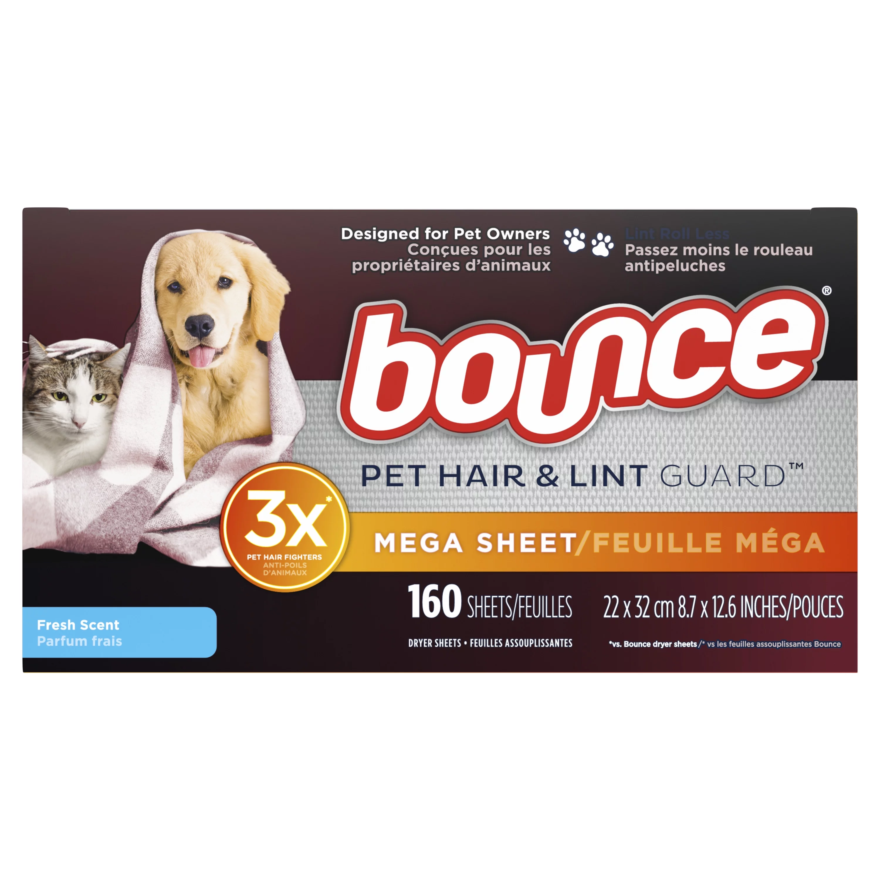 Bounce Pet Hair and Lint Guard Mega Dryer Sheets, Fresh Scent, 160 Ct