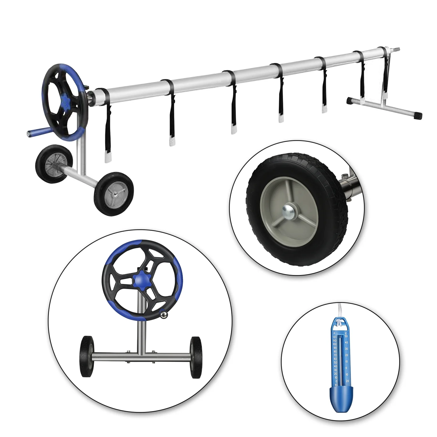 FULLWATT 20 Ft Pool Cover Reel Set Aluminum Inground Swimming Pool Solar Cover Blanket Reel Roller (Blue)