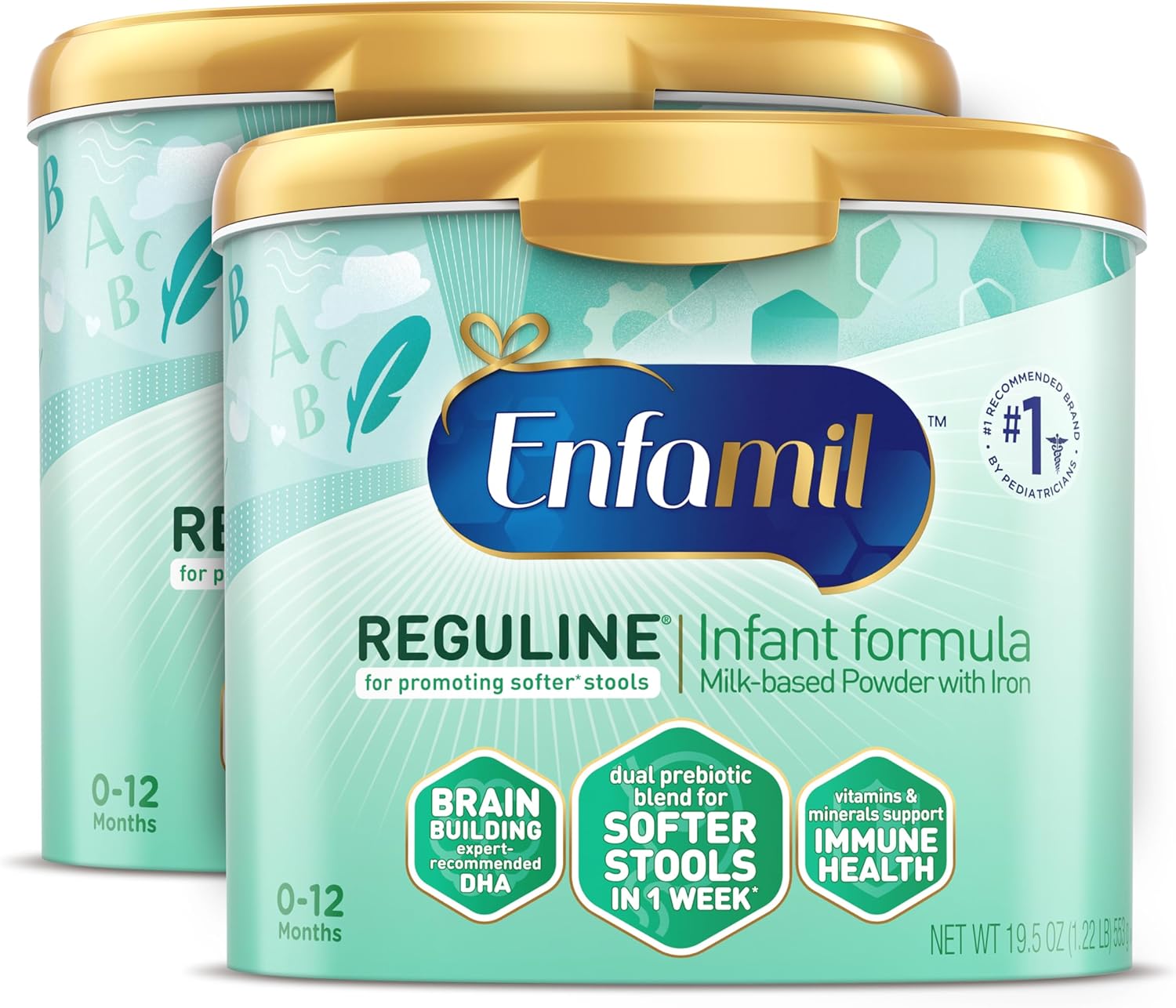 Enfamil Reguline Baby Formula, Milk-Based Infant Nutrition, Dual Prebiotics for Soft, Comfortable Stools within 1 Week of Use, Omega-3 DHA for Immune Support, Reusable Powder Tub, 19.5 Oz​ (Pack of 2)