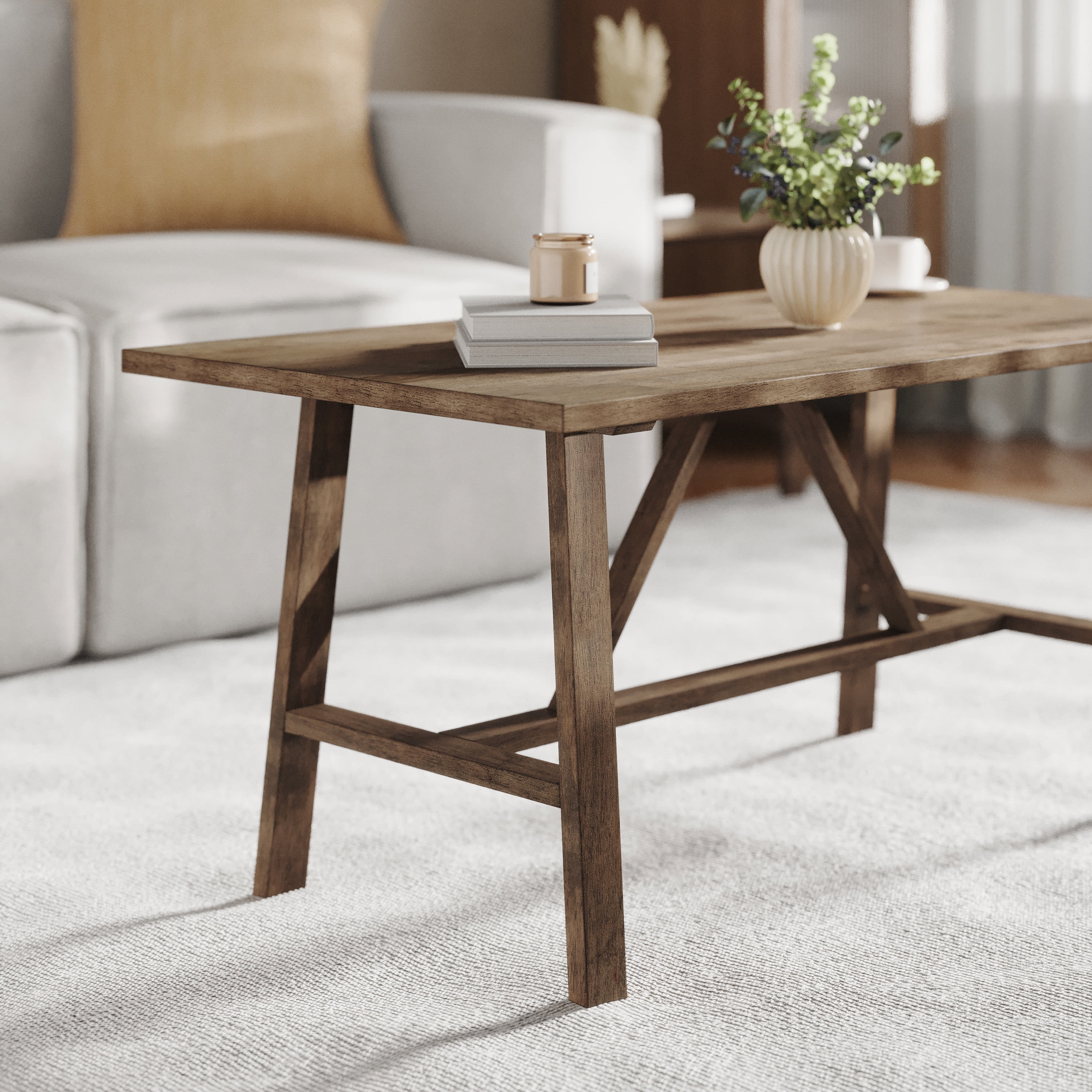 BizChair Solid Wood Farmhouse Coffee Table, Trestle Style Accent Table in Rustic Brown