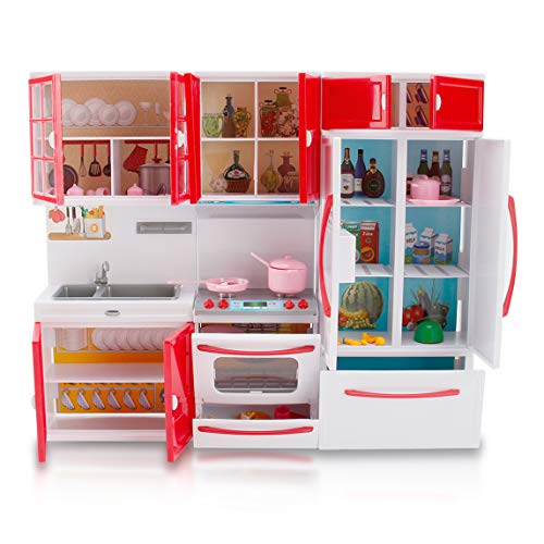 Gourmet Red Doll Modern Kitchen Mini Toy Playset with Lights and Sounds, Perfect for 12 Inch Dolls