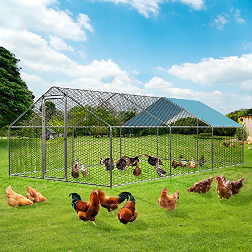 ROOMTEC 1.25'' Large Metal Chicken Coop for 20 Chickens,Chicken Runs for Yard with Cover Walk-in Poultry Cage Lockable Door Design(9.8'Lx19.6'Wx6.4'H)