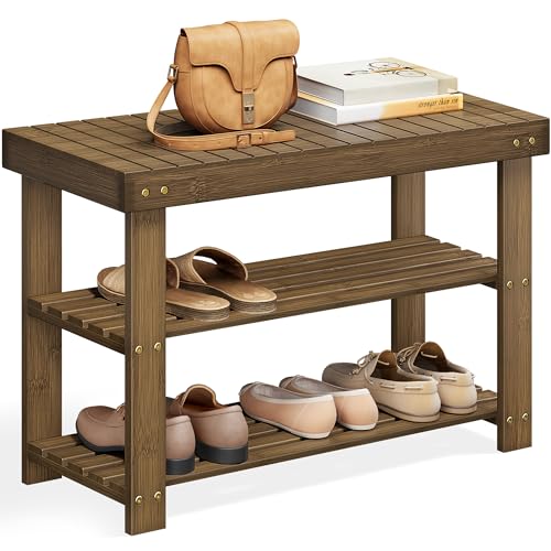 SONGMICS Shoe Rack Bench, 3-Tier Bamboo Shoe Storage Organizer, Entryway Bench, Holds Up to 286 lb, 11.3 x 27.6 x 17.8 Inches, for Entryway Bathroom Bedroom, Ink Black ULBS04H