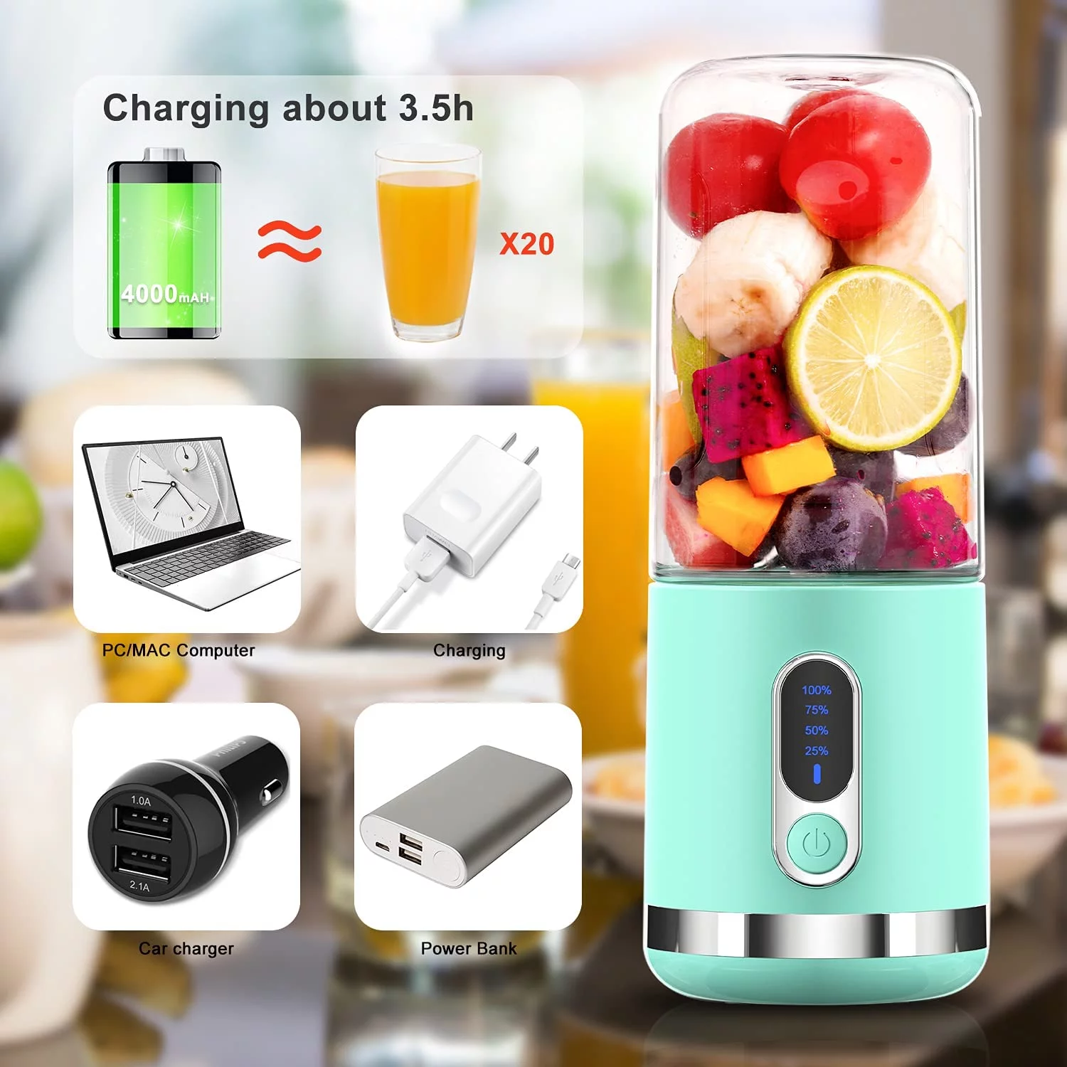 Donerton Portable Blender, Personal Size Blender for Shakes and Smoothies Mini Smoothie Blender Mixer with 6 3D Blades and LED Display Juicer Cup,Blue