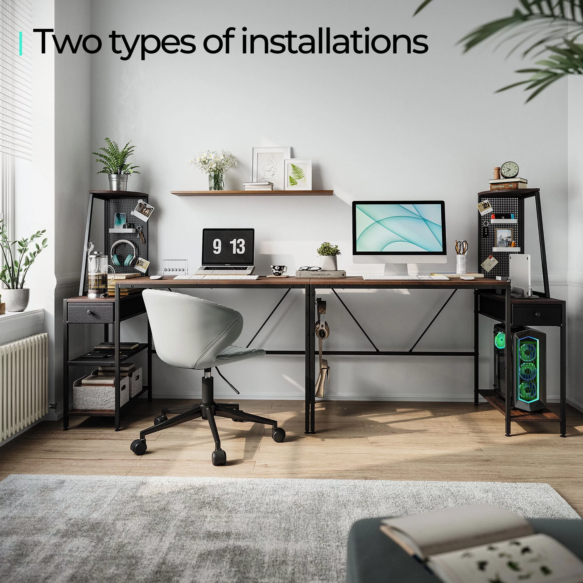 LINSY HOME 48 Inch Computer Desk with Shelves - Study Writing Table for Home Office with A Storage Drawer, Modern Simple Style PC Desk,Dark Brown