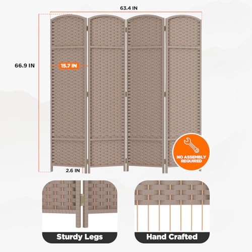 Room Divider 4 Panel Screen 5.6 Ft Tall Partition Room Dividers Brown Privacy Screens Folding Room Separation Free Standing Waterproof Wood Frame Wall Divider