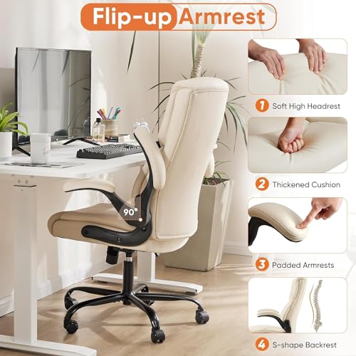 Sweetcrispy Ergonomic Computer Gaming Office Chair, Heavy Duty Task Desk Swivel Rolling Chairs with Wheels, Flip-up Arms, Adjustable Height, PU Leather, Black