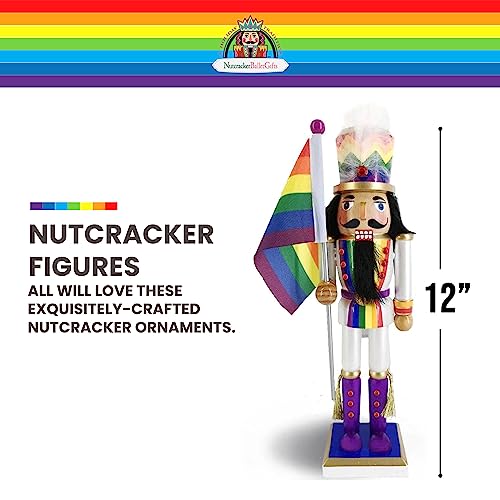 Nutcracker Ballet Gifts, Pride Nutcracker Christmas Ornaments, Wooden Figure Decoration with White Uniform and Rainbow Flag for Holiday Home Decor, 12 Inch, White Nutcracker Soldier