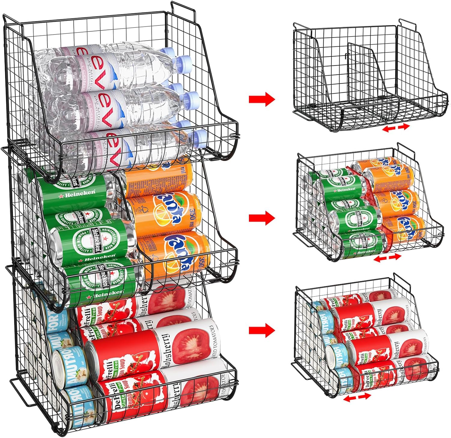 Stacking Can Dispensers 3 Tier with 3 Divider, Large Pantry Can Organizer, Standing Water Bottle Holder, Beverage Drink Pop Soda Can Storage Basket, Canned Food Rack Wire Bins for Kitchen Cabinet