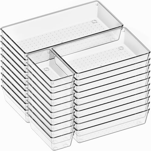 6 Pack Large Clear Plastic Drawer Organizer Trays, Acrylic Kitchen Drawer Organization and Storage Dividers, Non-Slip Storage Bins for Makeup, Kitchen Utensils, Bathroom, Jewelries and Office Desk