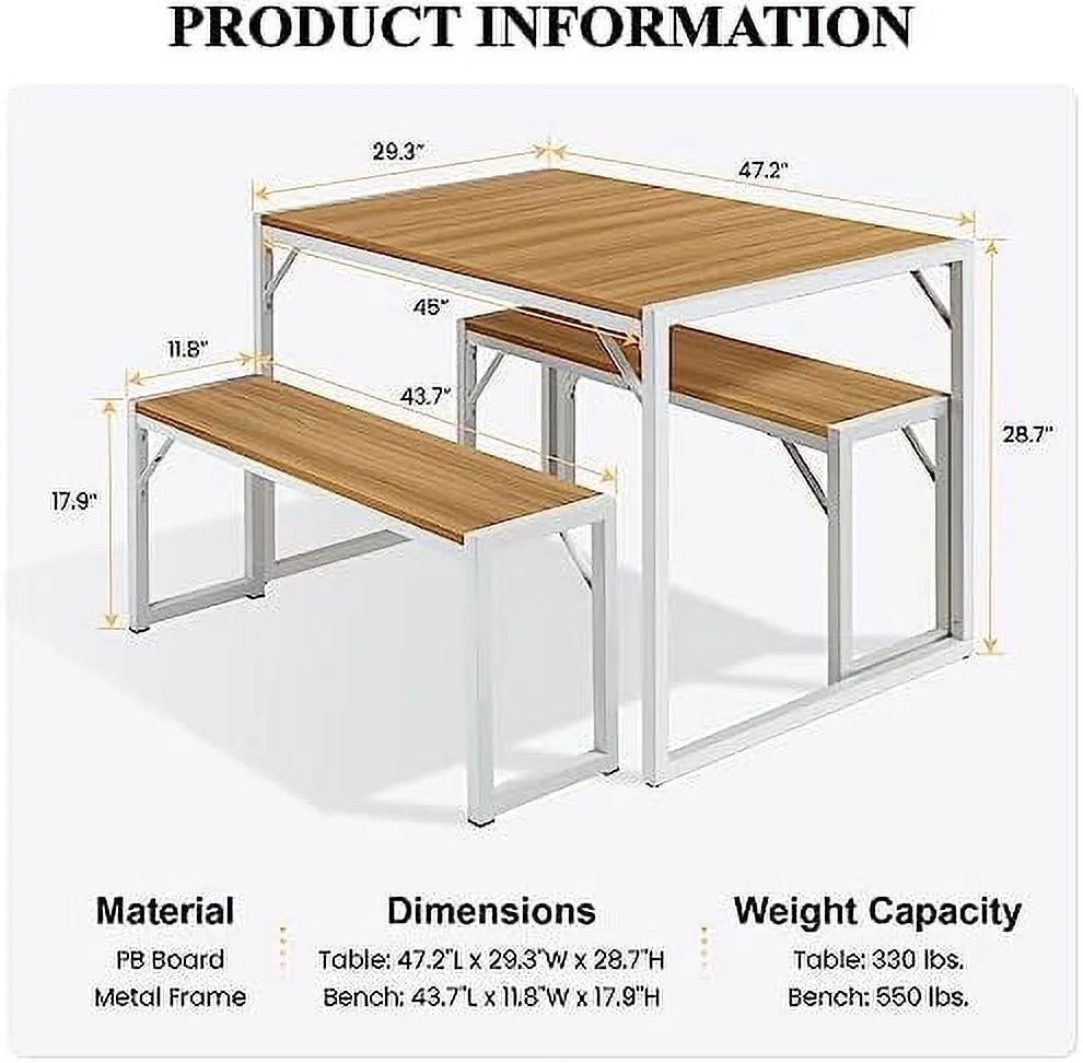 YZboomLife 3-Piece Dining Table Set with 2 Benches  Rustic Kitchen Table Set for 4-6  Space-Saving Dinette  Sturdy Structure  Easy Assemble  Walnut/Black