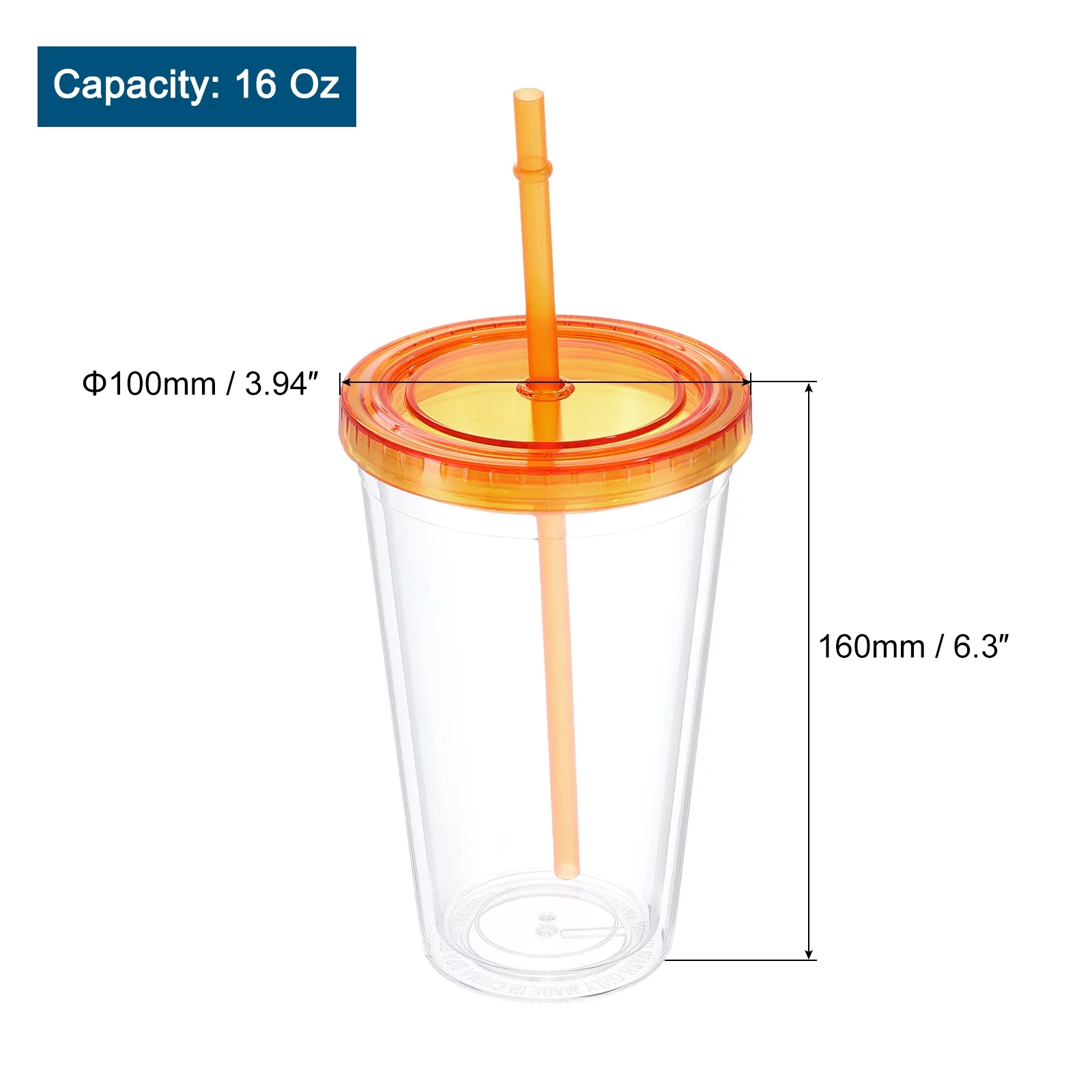 Acrylic Tumbler with Lid and Straw, 16 Oz Reusable Double Wall Cups, Clear Travel Tumblers (Orange)