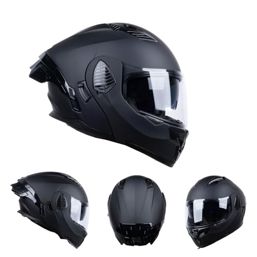 Full Face Modular Motorcycle Helmets Dual Visor Flip up DOT Approved Racing Street Bike Motocross Helmet for Adults (Matt Black, Medium)