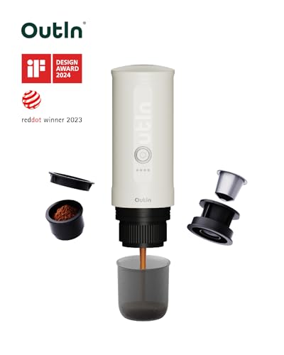 Outin Nano Portable Electric Espresso Machine,Travel Coffee Maker for Camping,Car Coffee Maker Self-Heating with USB-C, 12V, With Ground Coffee & NS Capsule for RV, Hiking, Office