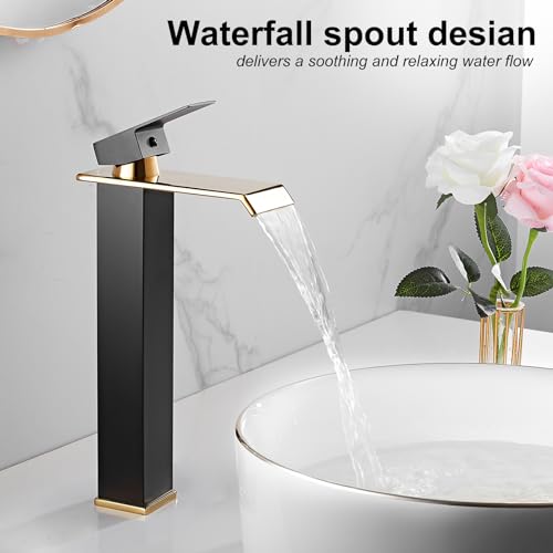 White Gold Faucet Bathroom Vessel Sink Golden Waterfall Spout Faucet Single Handle Bowl Sink Faucet Modern Single Hole Basin Vanity Tall Bathroom Sink Faucet with Pop Up Drain Stopper Supply Hose