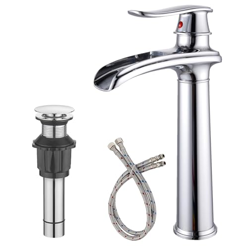 Bathroom Vessel Sink Faucet, Waterfall Oil Rubbed Bronze Bathroom Faucet, Vessel Faucet, Tall Body 1 Hole Single Handle with Pop Up Drain Combo Vanity Mixer Tap Basin Bowl Sink