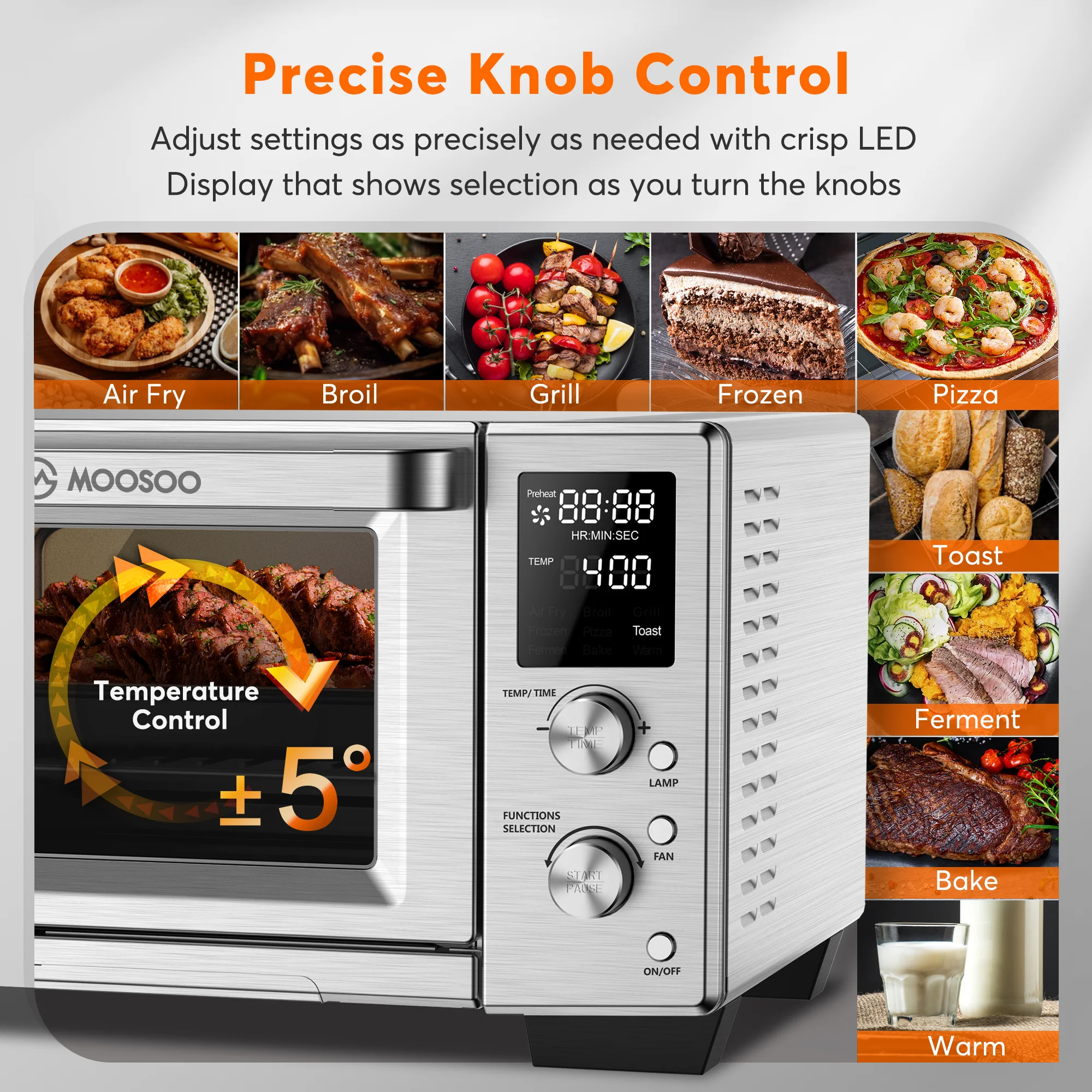 MOOSOO 30Qt Air Fryer Toaster Oven, Stainless Steel Air Fryer Oven, Knob Control, 9 Air Frying Preset Modes