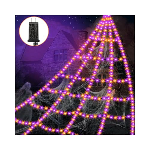 Spider Webs Halloween Decorations Lights - 550 LEDs Outdoor Giant Halloween Decor Lights with16.4ft,4ft Spider,8 Modes,Waterproof&Timer for Yard Porch Garden,Outside Party (with Spider)