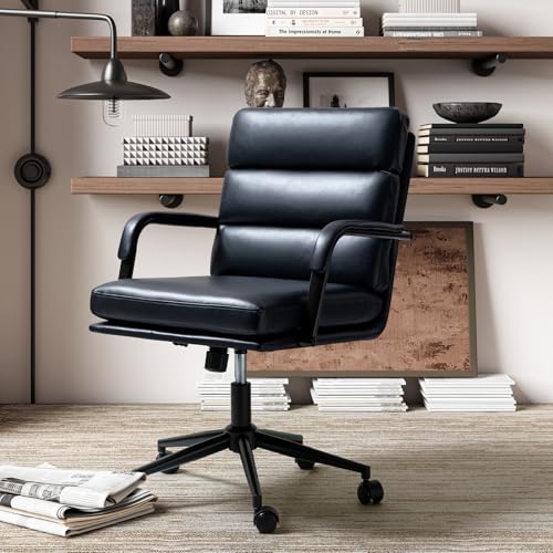 HULALA HOME Modern Faux Leather Home Office Chair with Tilt Lock & Metal Base, Desk Chair with Wheels & Padded Cushion, 360° Swivel Wide Seat Computer Task Chair, Sage
