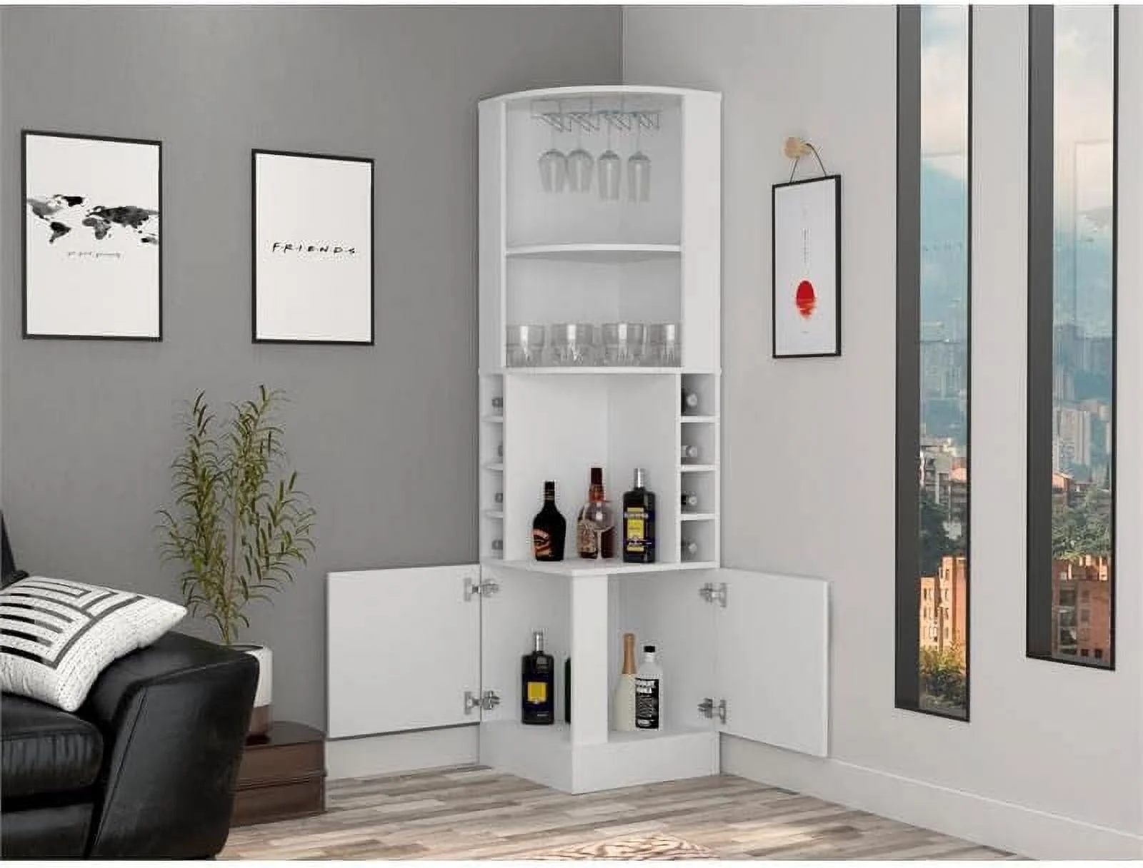 TUHOME Syrah Corner Bar Cabinet - White Engineered Wood - For Living Room