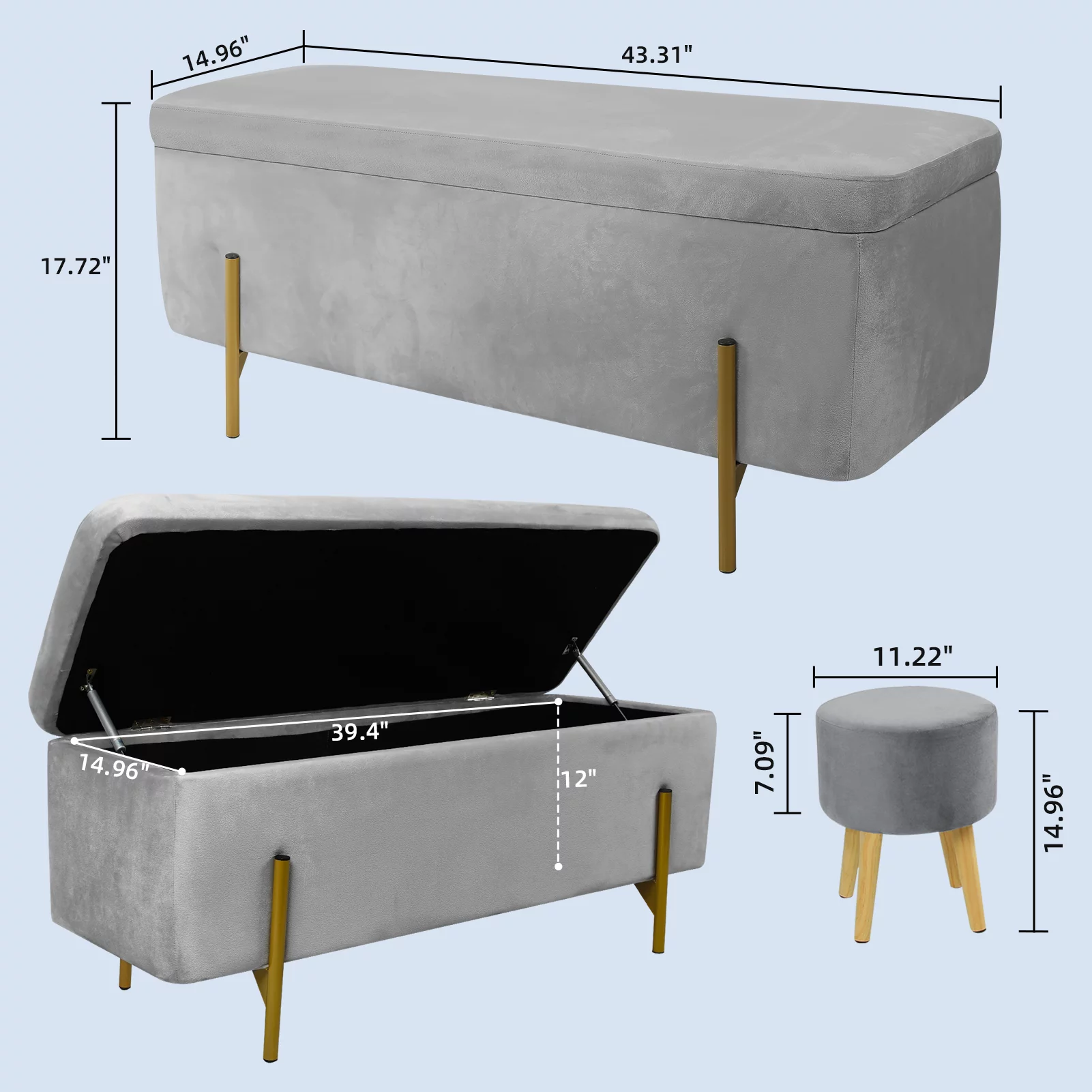 Fionafurn Velvet Storage Ottoman Bench with 3 Footstools, Gray