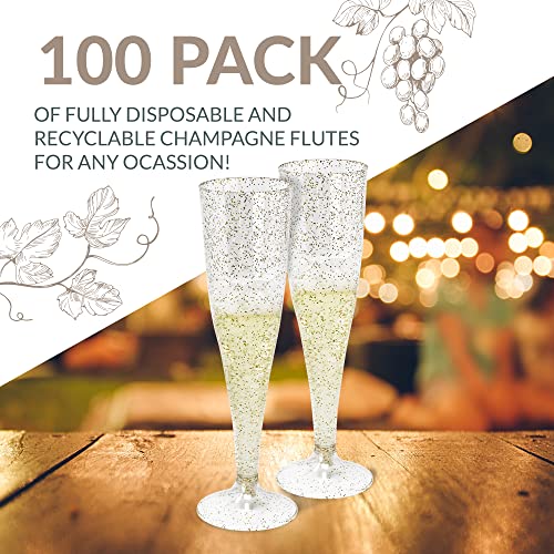 Reli. Champagne Flutes Plastic | 100 Pack | 4.5 oz - Gold Glitter | Premium Plastic Champagne Flutes | Party-Perfect for Celebrations