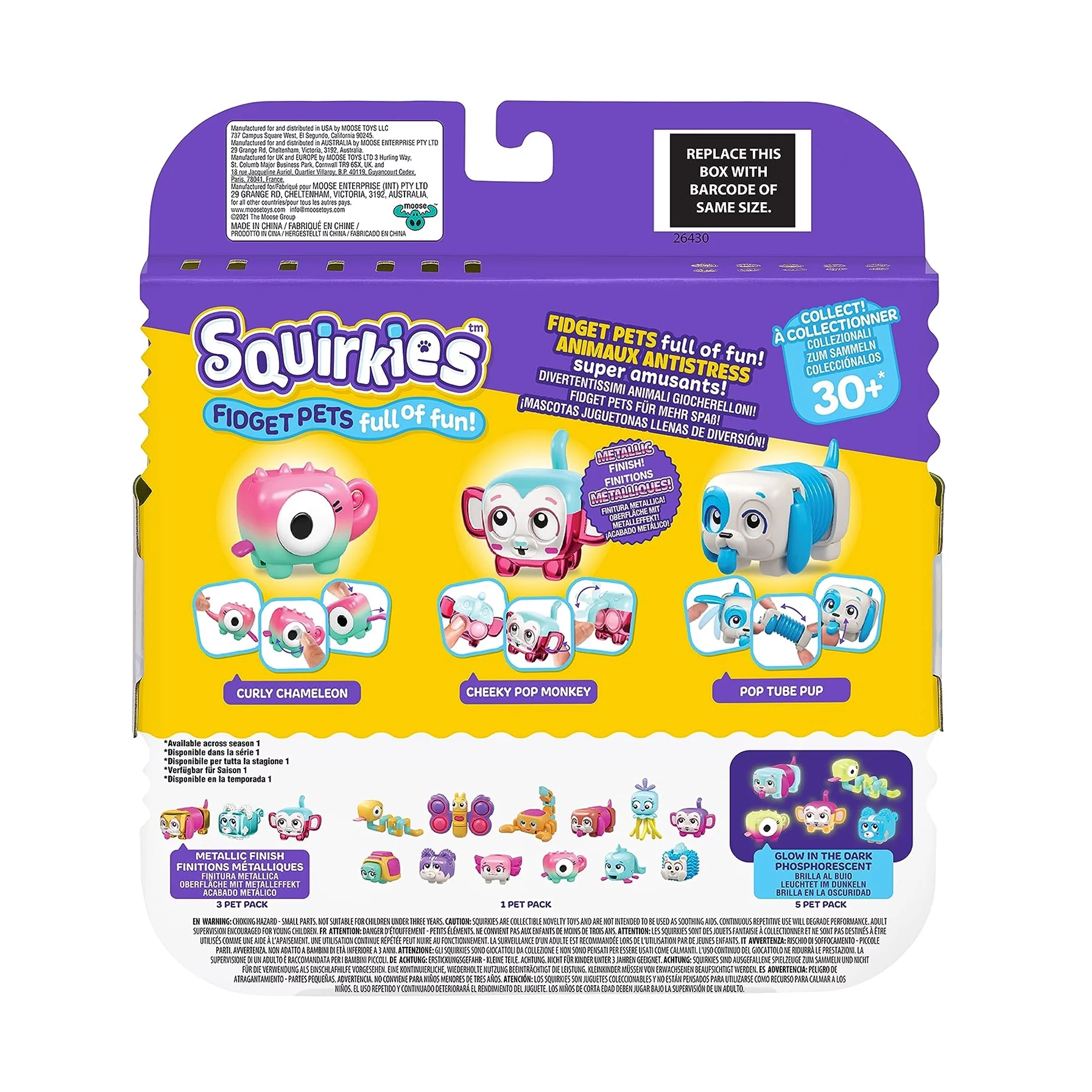 Little Live Pets, Squirkies 3 Pack (Pop Tube Pup, Metallic Cheeky Monkey, Curly Chameleon) Interactive Fidget Toys, 30+ to collect, Ages 5+