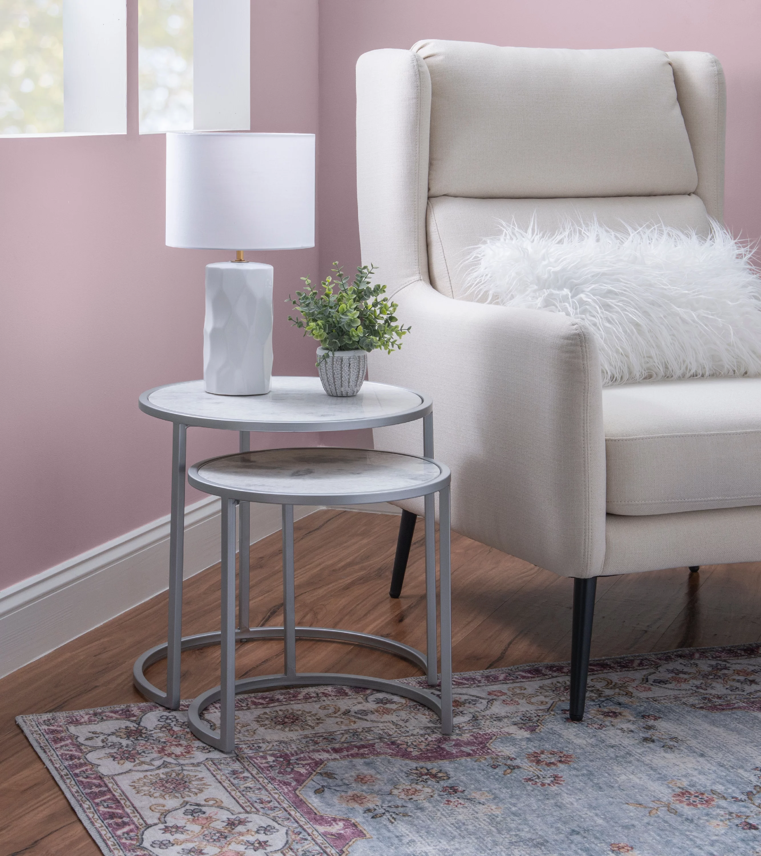 Heather Round Nesting Tables, Set of 2, Silver Metal Base with White Marble Tops
