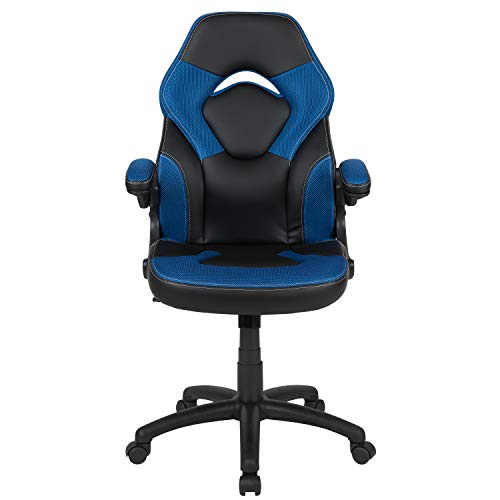 Flash Furniture X10 High-Back LeatherSoft Racing Style Gaming Chair with Flip-Up Arms, Ergonomic Padded Swivel Computer Chair, Blue/Black