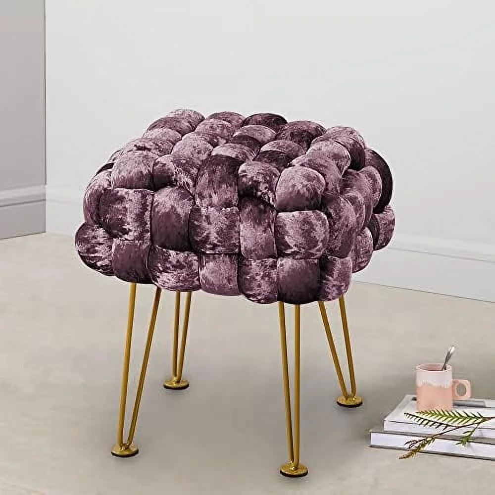 TJUNBOLIFE Black Soft Upholstered Ottoman Entryway Bench Seat 16"x16"x16" Sturdy Accent Coffee Table for Living Room Make Up Vanity Fluffy Shoe Stool with Golden Legs for Bedr