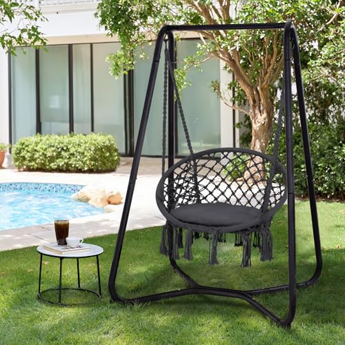 SUNCREAT Hammock Chair with Stand Included, Heavy Duty Hanging Chair with Stand, 330 lbs Capacity, Patent Pending, Grey